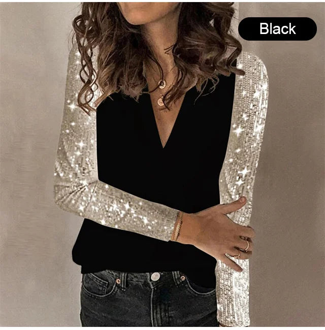 Fashion Sequin Splicing  Long Sleeves Top