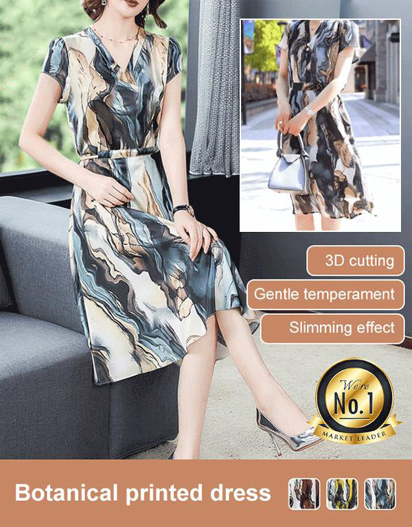 V-neck Waist-skimming Elegant Watercolor Painting Dress