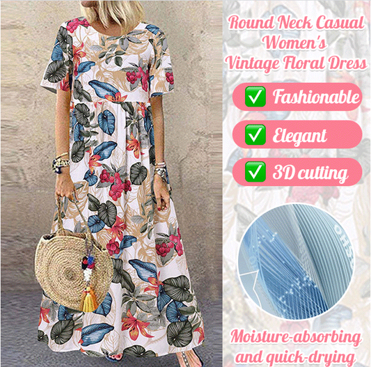 New Style Round Neck Casual Women's Retro Printed Loose Long Skirt