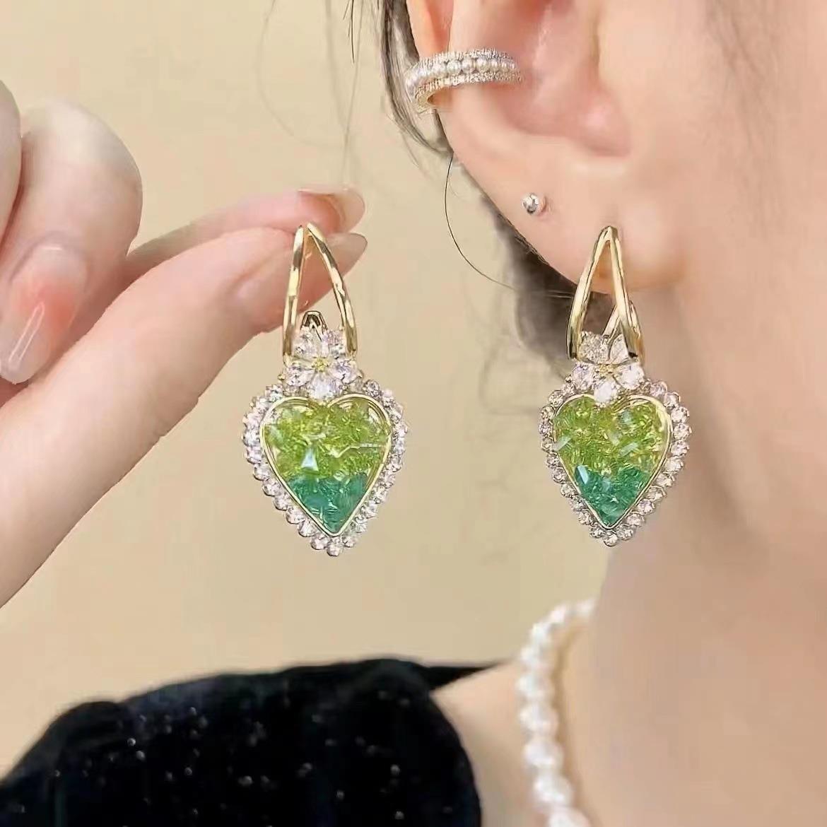 Green Crystal Heart Earrings