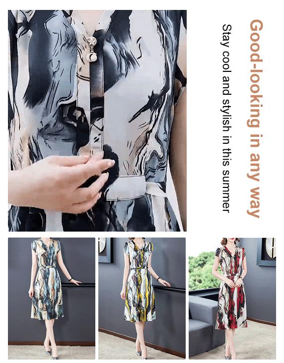 V-neck Waist-skimming Elegant Watercolor Painting Dress