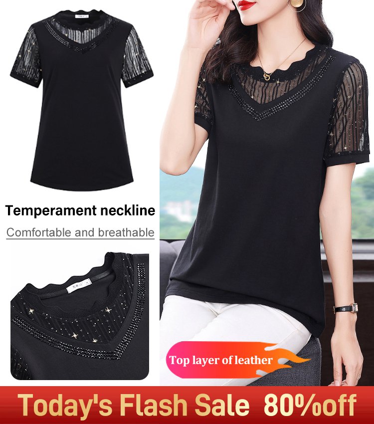 Mesh splicing elegant pure cotton T-shirt