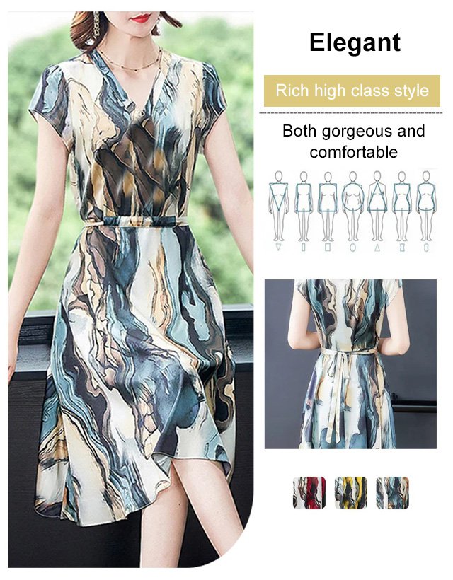 V-neck Waist-skimming Elegant Watercolor Painting Dress