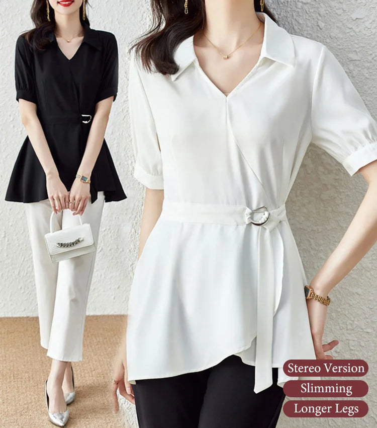 Female Waist-skimming Flesh-concealing Thin Shirt (Long & Short Sleeve)