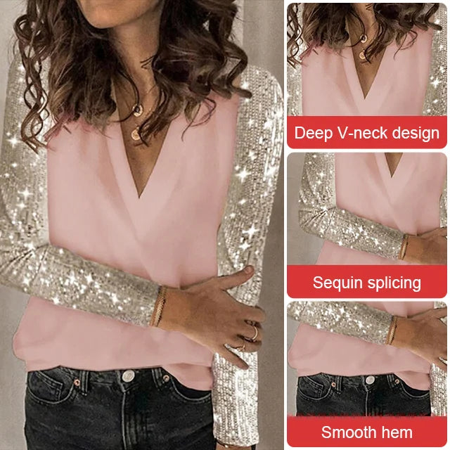 Fashion Sequin Splicing  Long Sleeves Top