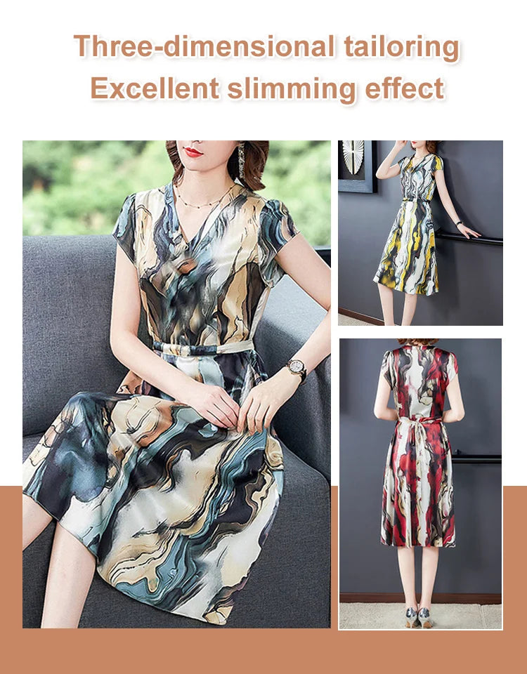 V-neck Waist-skimming Elegant Watercolor Painting Dress