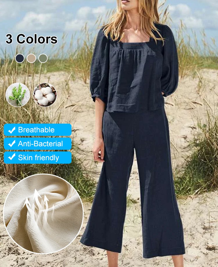 Square Collar Solid Color Cotton And Linen 2-piece Set