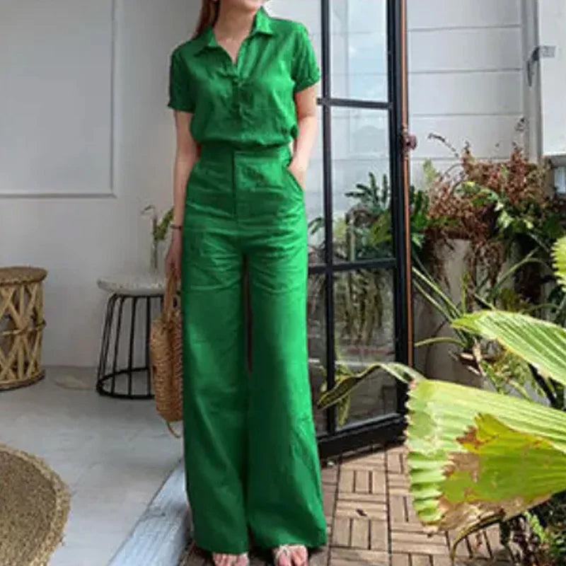 Lapel Cotton Linen Solid Color Short Sleeve Wide Leg Pants 2-piece Set