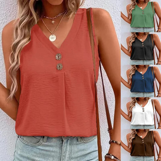 V-neck studded button-down sleeveless shirt