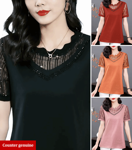 Mesh splicing elegant pure cotton T-shirt