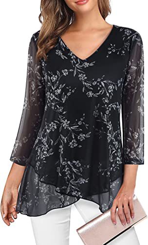 Plus Size Dressy Chiffon Double Layer 3/4 Sleeve Blouse