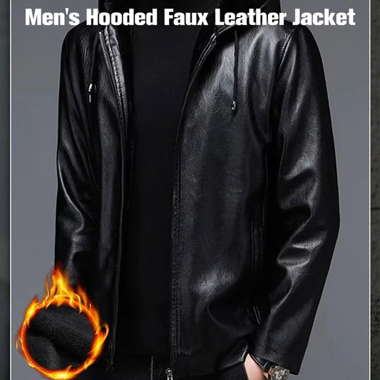 Men's simulated leather hooded jacket