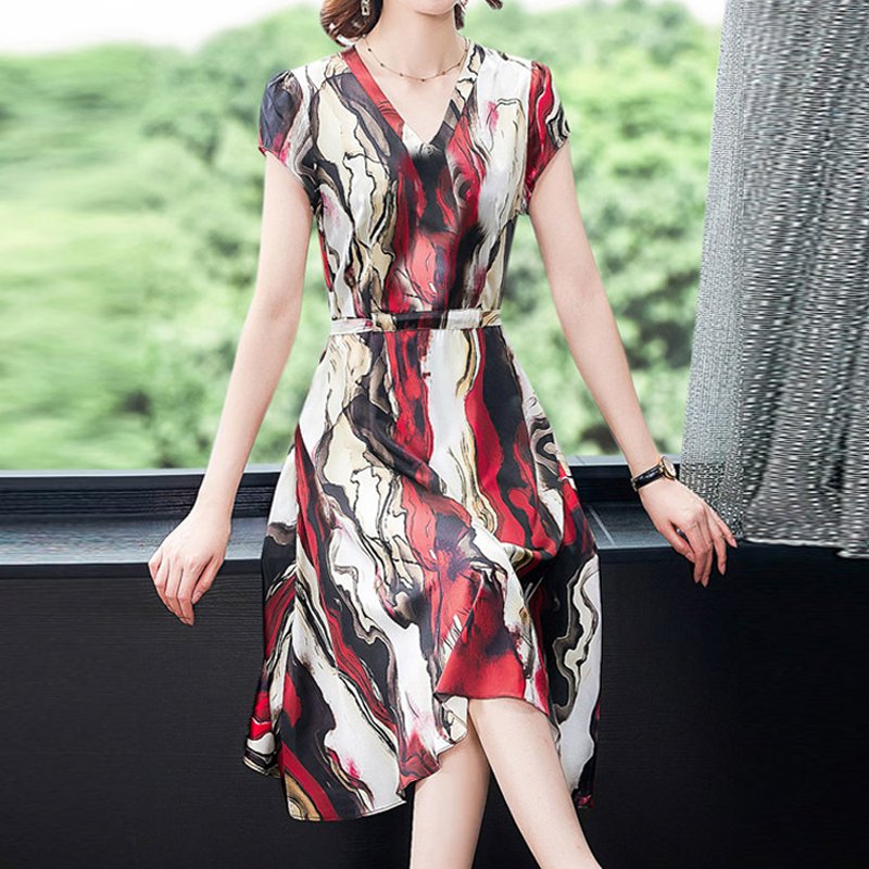 V-neck Waist-skimming Elegant Watercolor Painting Dress