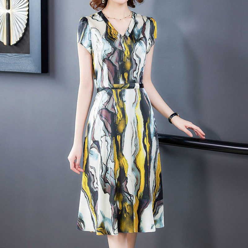 V-neck Waist-skimming Elegant Watercolor Painting Dress