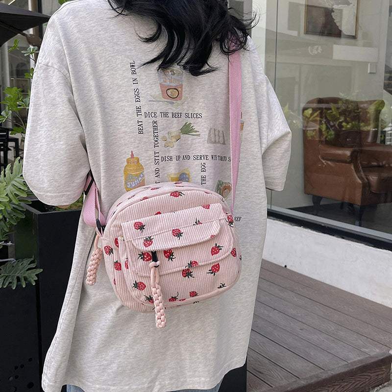 Strawberry Print Corduroy Crossbody Bag for Women