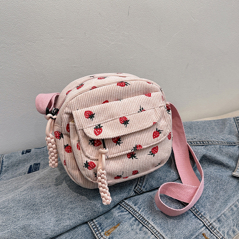 Strawberry Print Corduroy Crossbody Bag for Women