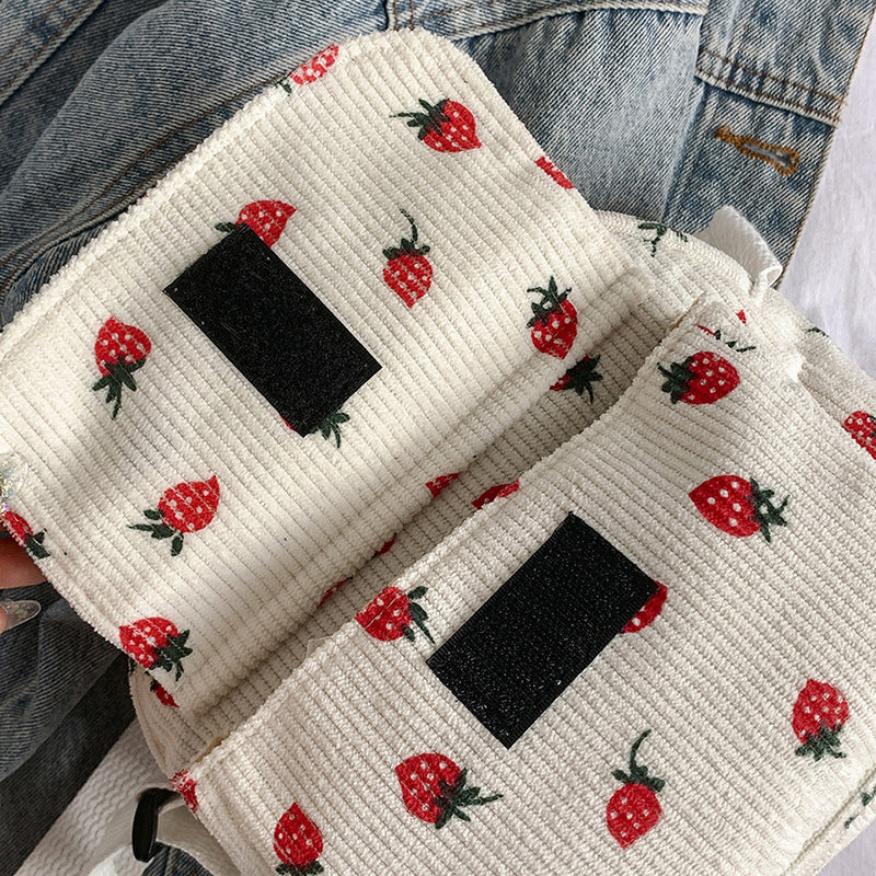 Strawberry Print Corduroy Crossbody Bag for Women