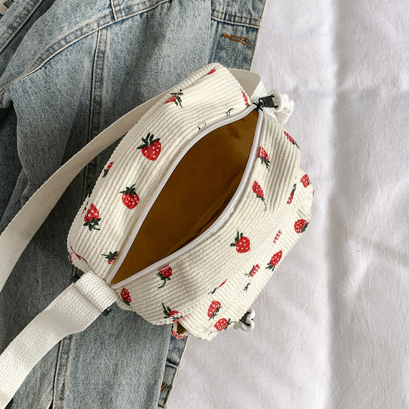 Strawberry Print Corduroy Crossbody Bag for Women