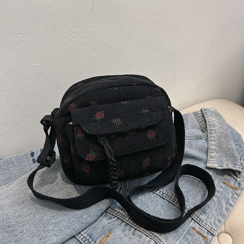 Strawberry Print Corduroy Crossbody Bag for Women