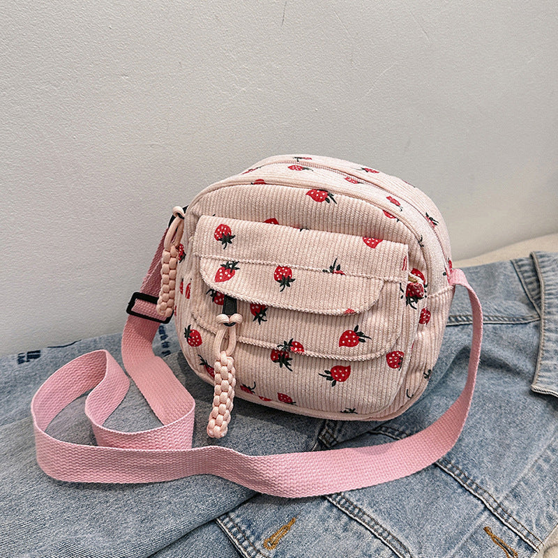 Strawberry Print Corduroy Crossbody Bag for Women