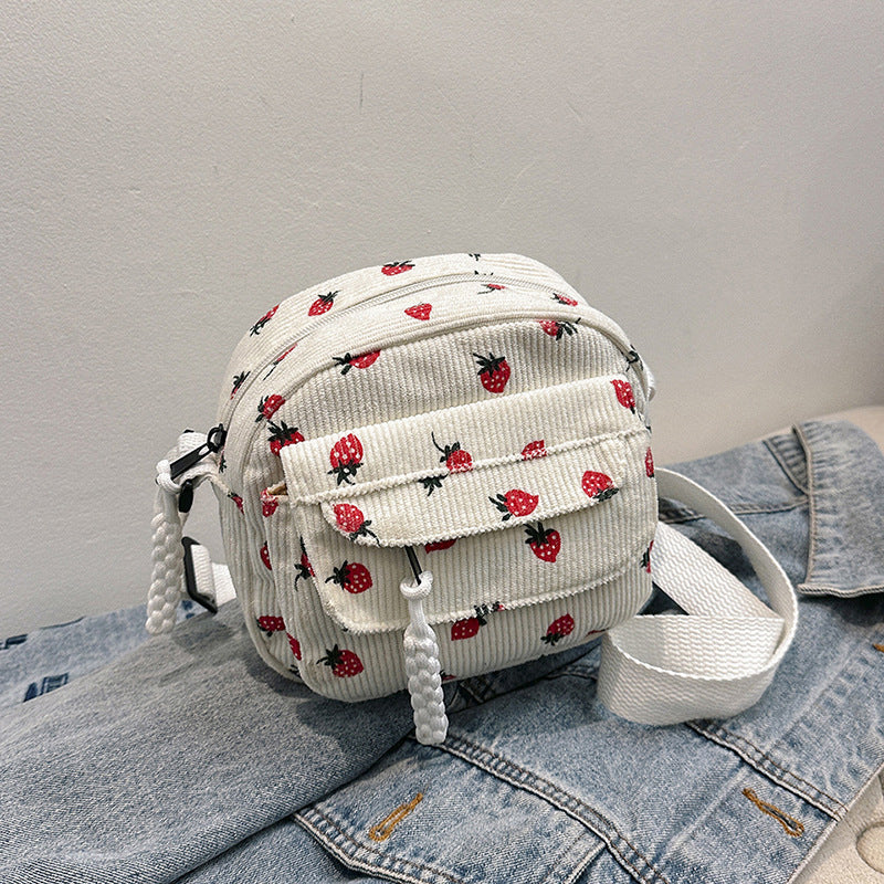 Strawberry Print Corduroy Crossbody Bag for Women