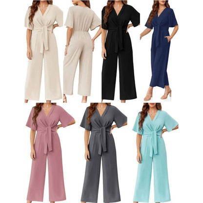 Eleganter V-Ausschnitt Jumpsuit mit breiter Taille und Bindeband für Damen