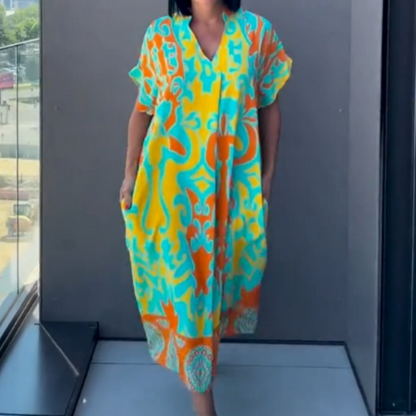 Vestido Casual Elegante Feminino com Estampa e Decote em V
