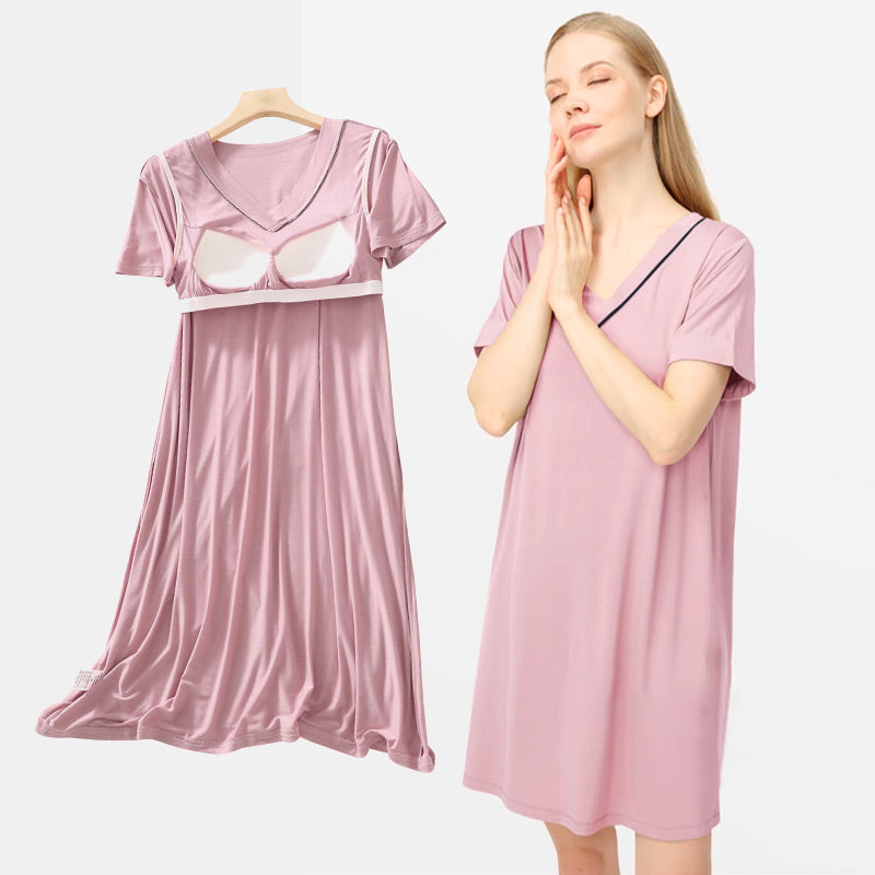 Super Soft Comfortable Short-sleeve Pajama Dress with Built-in Bra