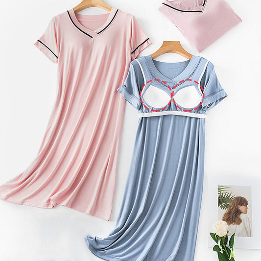 Super Soft Comfortable Short-sleeve Pajama Dress with Built-in Bra