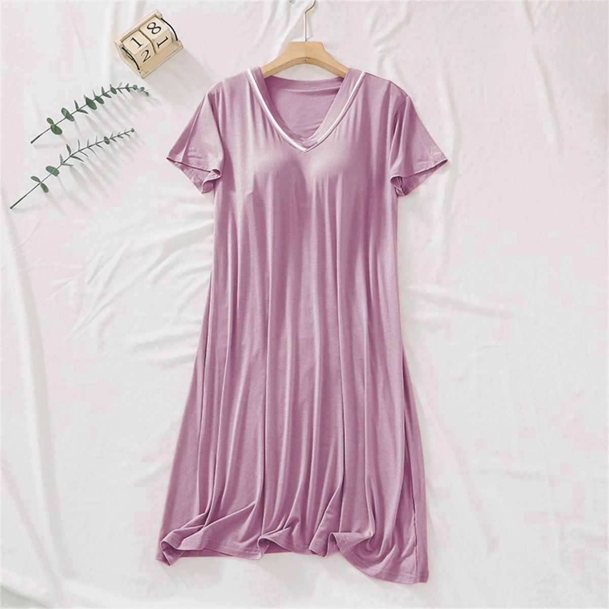 Super Soft Comfortable Short-sleeve Pajama Dress with Built-in Bra