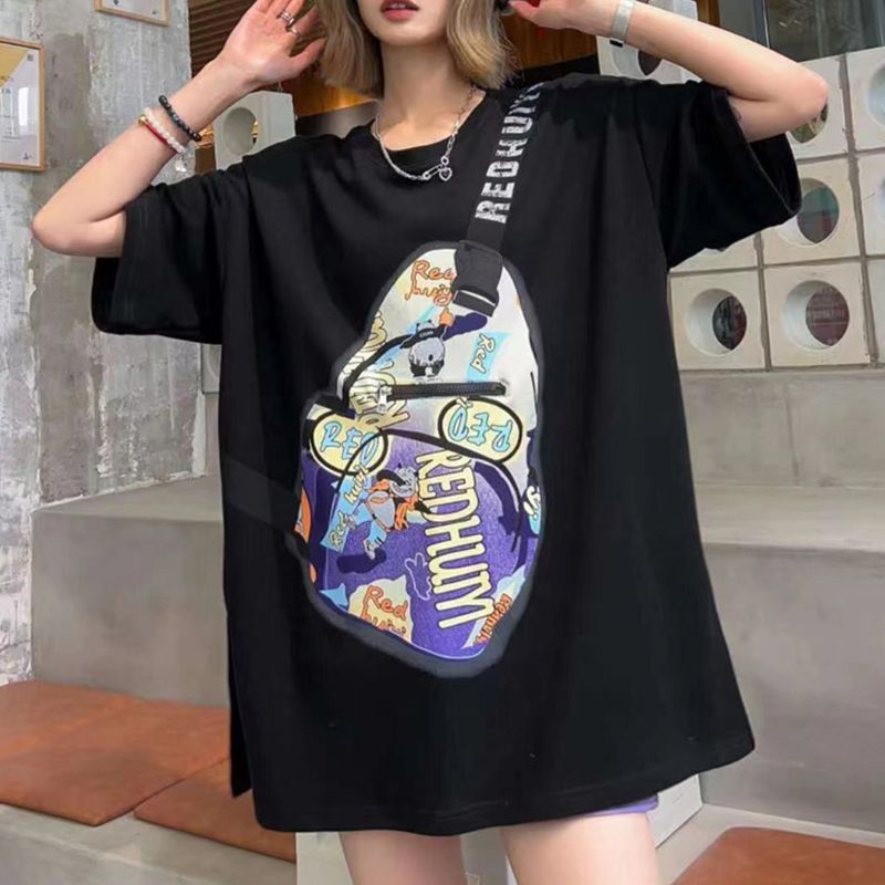 Women’s Unique Crossbody Bag Short Sleeve T-shirt with Zipper Pocket