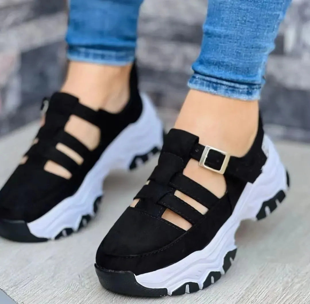 Chunky Soled Paneled Suede Cutout Sneakers